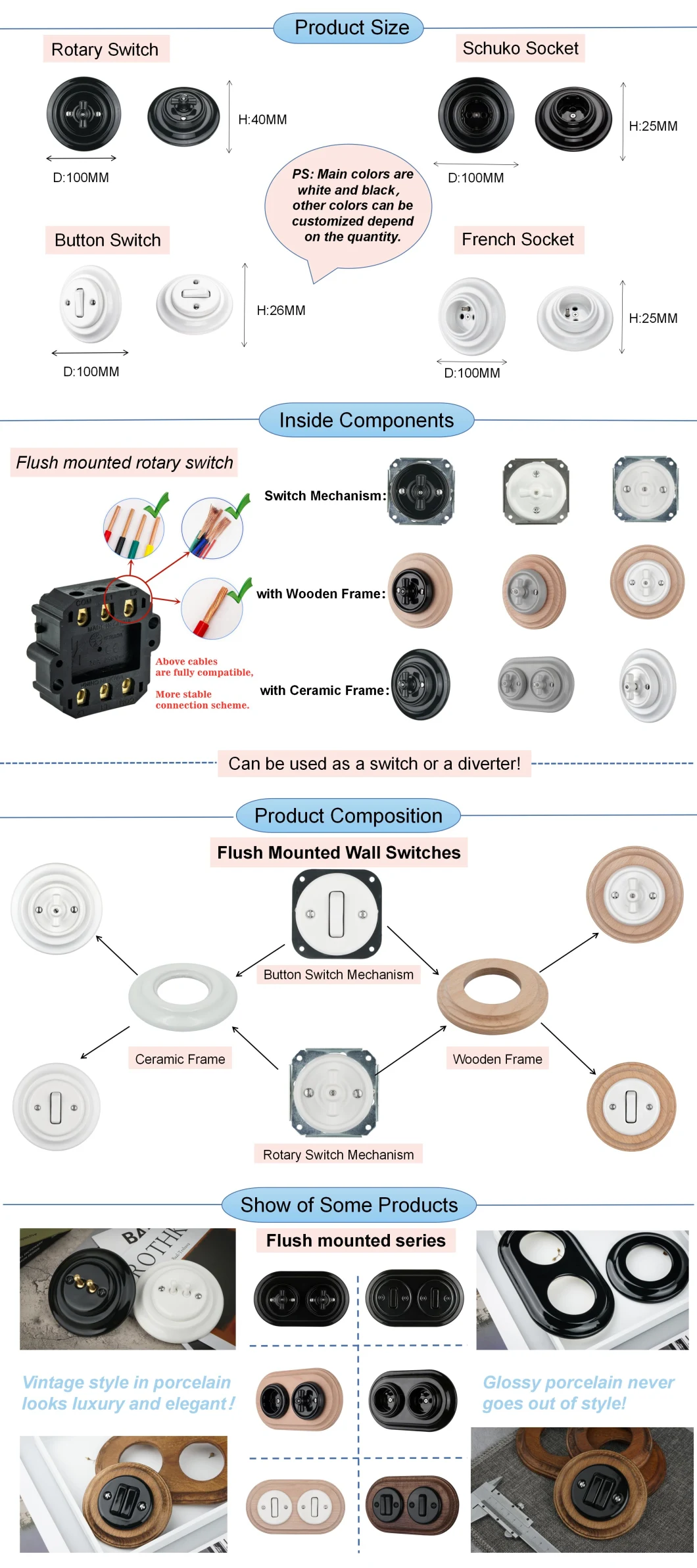 250V 10A Porcelain Material Wall Switch Round Rotary Electrical Switch for Controlling Bell