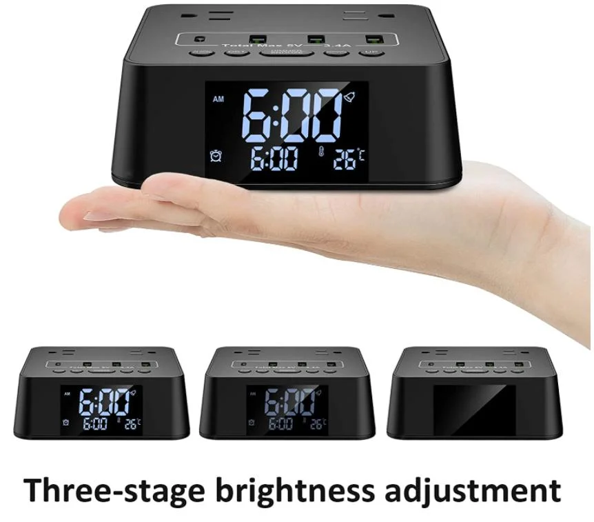 Alarm Clock Power Strip Surge Protector Socket, 2 AC Outlets 3 USB a Ports & 1 USB C Port, 6FT Cord for Bedroom, Dorm, Hotel