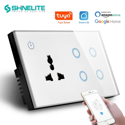 UK-Standard-WiFi-Smart-Switch und Steckdose, Sprachsteuerung, 4-Gang-Schalter mit Steckdose